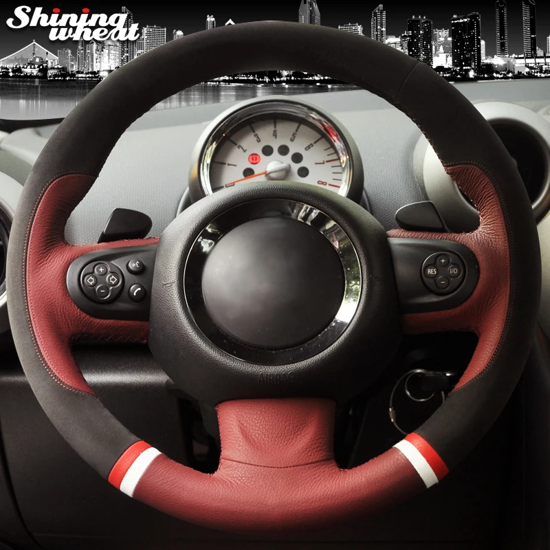 

Hand Sew Black Suede Chocolate Leather Car Steering Wheel Cover for Mini Coupe