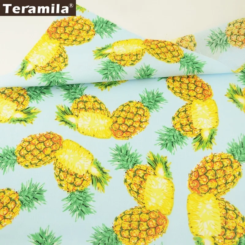 Хлопок Teramila Поплин Ткань Жир четверть метр небесно-голубой принт свежий ананас