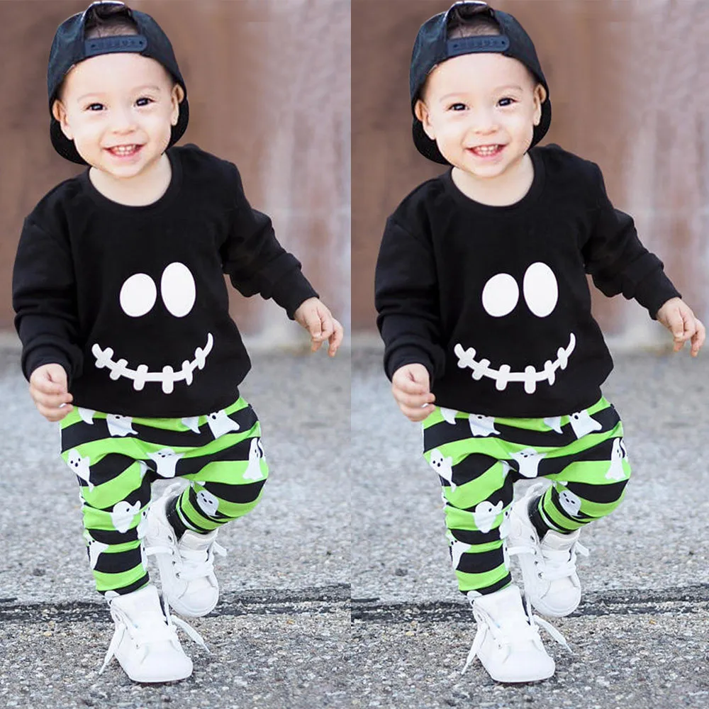 Children's suit black fashion shirt + pants toddler baby boy girl cartoon ghost top pullover Halloween costume set | Детская одежда