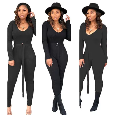 black jumpsuit Adogirl однотонный ребристый вязаный обтягивающий комбинезон с поясом женский сексуальный глубокий v-образный вырез длинный рукав повседневный комбинезон клубный Комбинезон спортивный костюм - Цвет: black jumpsuit