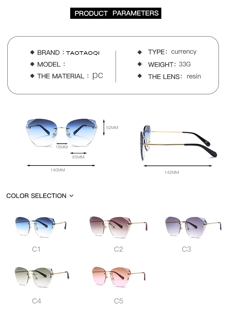 TAOTAOQI Luxury Cat Eye Sunglasses Women Designer Brand Fashion Rimless Rhinestone Sun Glasses Female UV400 Vintage Eyewear