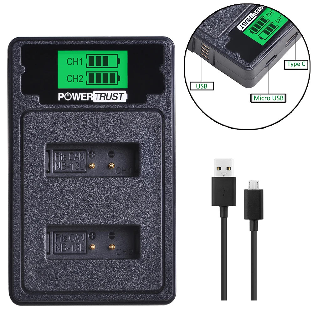 Аккумулятор для фотоаппарата 2pcs NB 13L NB13L + двойное зарядное устройство USB с ЖК
