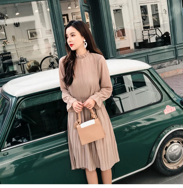 New Fashion women Spring summer Ruffled-Neck Full-sleeve solid colour casual office lady elegance Sashes pleated Chiffon dress | Женская