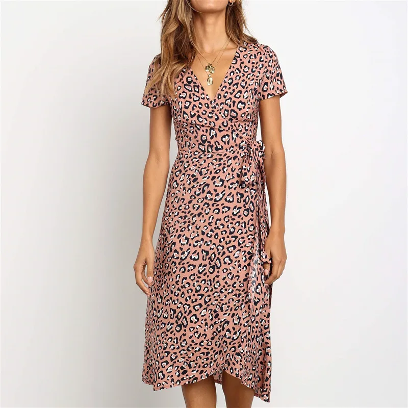 Long Dress Women Sexy Vintage Leopard V-Neck Bodycon Party Summer Elegant Chiffon Beach Casual Office Ladies Dresses | Женская одежда