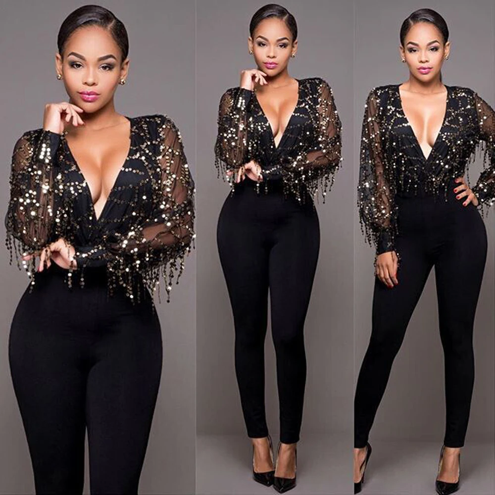 Hasniy v neck sexy sequined jumpsuits rompers women vintage mesh transparent playsuits female casual skinny mujer | Женская одежда