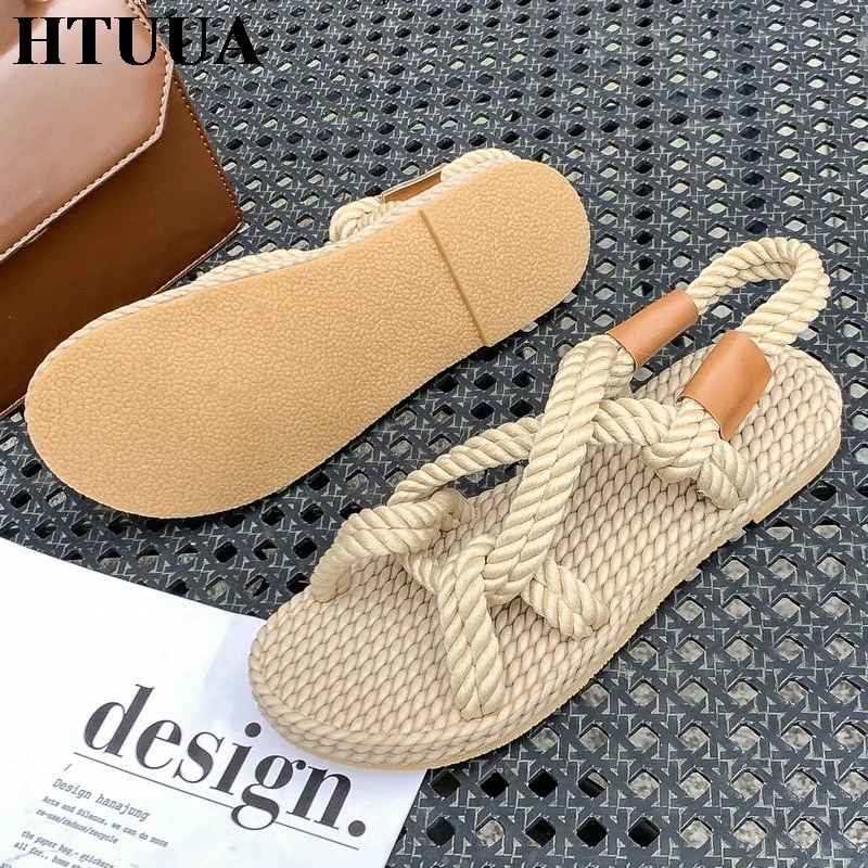 Новинка 2019 женские сандалии HTUUA с плетением из пеньковой веревки летняя обувь