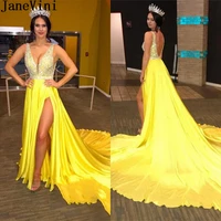 janevini sparkly crystals yellow prom dresses long sexy high slit v neck beading backless court train arabic party gowns 2019