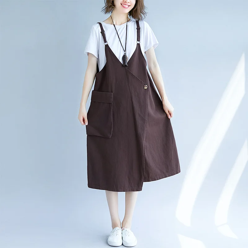 ilstile 2018 Women Spaghetti Strap Casual Loose Cotton Midi Dress Summer Autumn Fashion Pockets Plus Size Basic New M-XXL | Женская