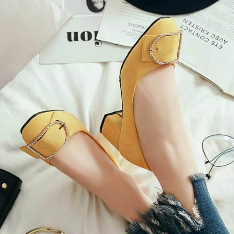 

fanyuan High Heels Women Shoes Pumps Crystal Shoes Spring Thick Heels Slip On Round Toe Ladies Shoes Yellow Plus Size 34- 43