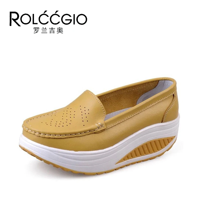 ROLCCGIO Fashion Sneakers loss Weight Women Swing Genuine Leather Fun Solid Breathable Platform Wedges Shoes | Обувь