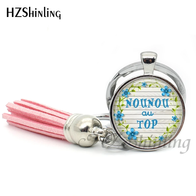 TAK--114 Wholesale Un lisou Pour Ma Nounou Tassel Keyring Handmade Super NOUNOU key ring Glass Dome Key chains for women | Украшения и
