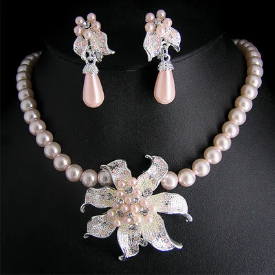 pink flower Chran Новое 19 видов конструкций Крыло ангела с сердцем бабочка свадьба/Свадебный искусственный жемчуг и Кристалл ожерелье серьги комплект ювелирных изделий DFSPJS6057 - Окраска металла: pink flower