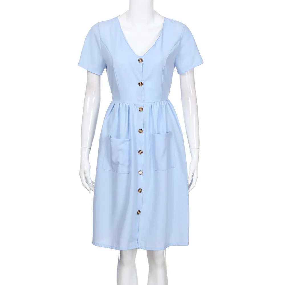 Womens Party Dress Holiday Summer Dress Women Beach Solid short Sleeve Buttons Party Dress