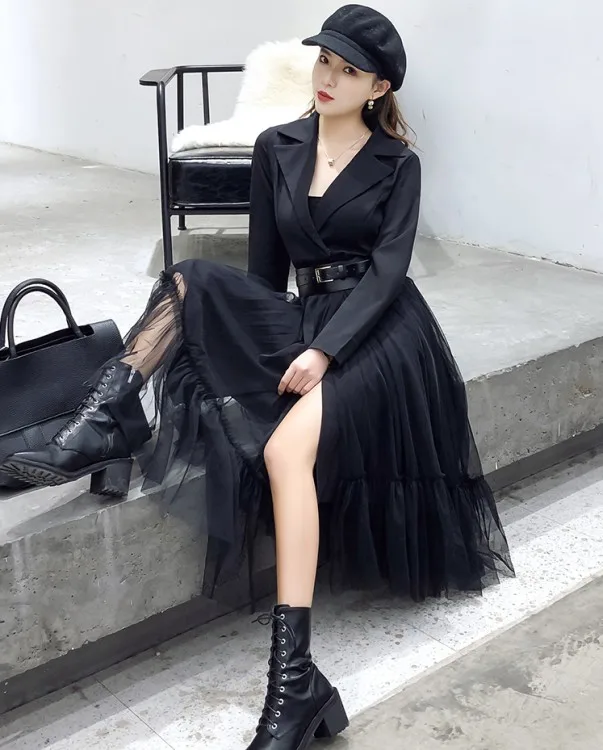 black long sleeve Весна осень сексуальное Сетчатое лоскутное женское элегантное платье с зубчатым вырезом длинное платье с поясом высокое качество женское платье - Цвет: black long sleeve