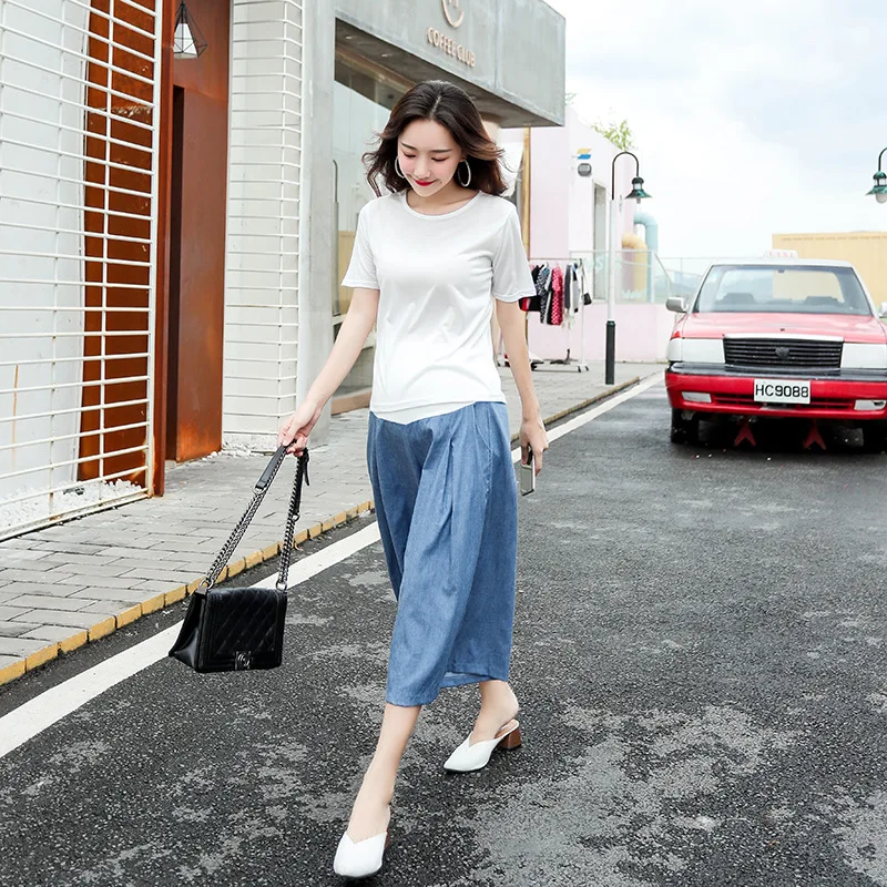 

Pregnant Women Loose Cropped Trousers Elastic High Waist Wide Leg Pants Pregnancy Blue Pants Pregnant Women Maternity Jeans