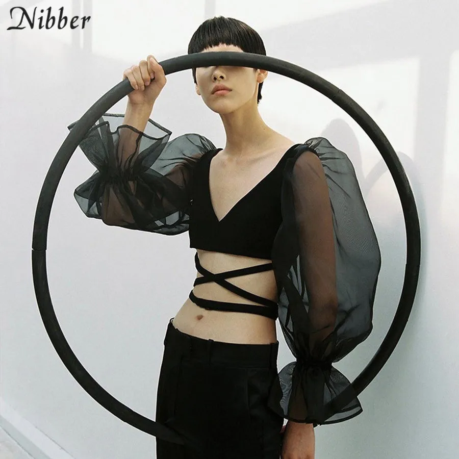 Nibber/фиолетовые Элегантные Короткие топы с оборками; женские летние пикантные прозрачные Клубные вечерние платья; Модные женские Стрейчевые футболки