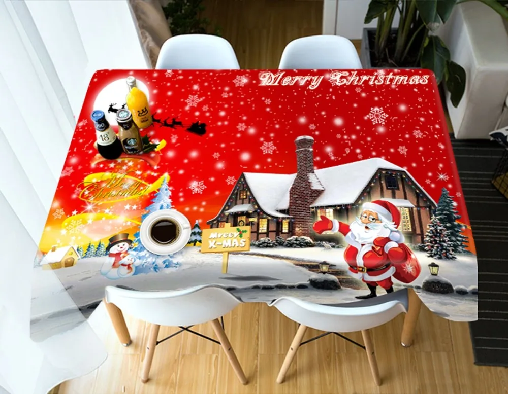 3d Red Christmas Tablecloth Santa Claus Sled Dog Washable Cotton Cloth Thicken Rectangular and Round Wedding Table | Дом и сад