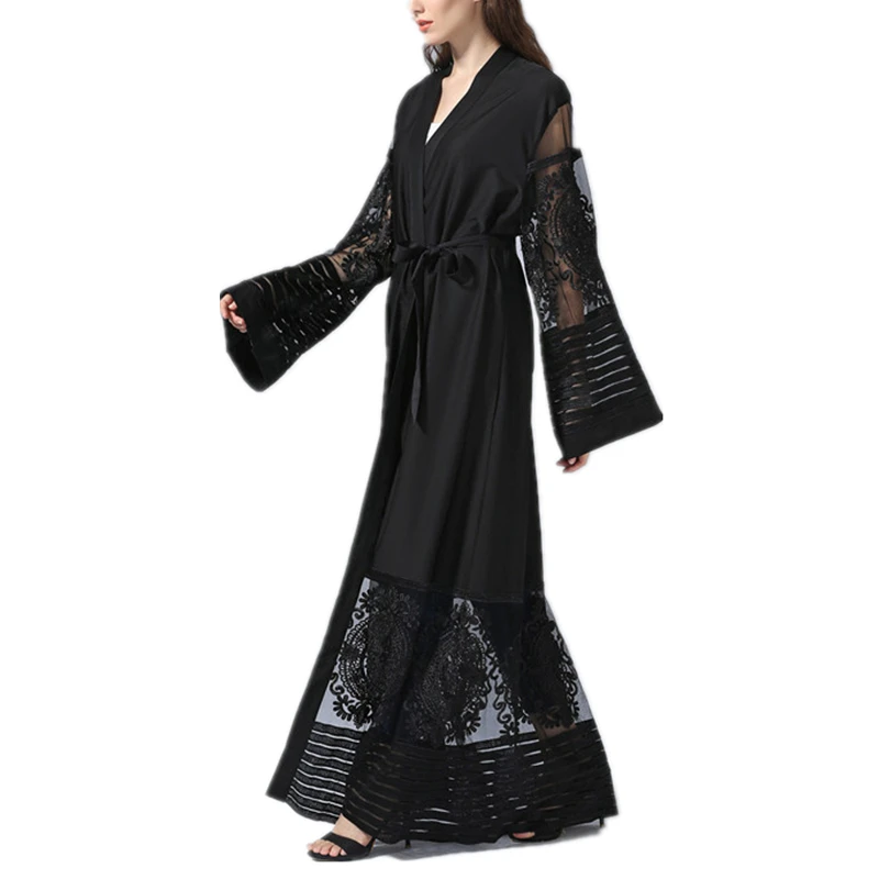 Кардиган с вышивкой кимоно мусульманское платье Abaya длинные платья модные черные