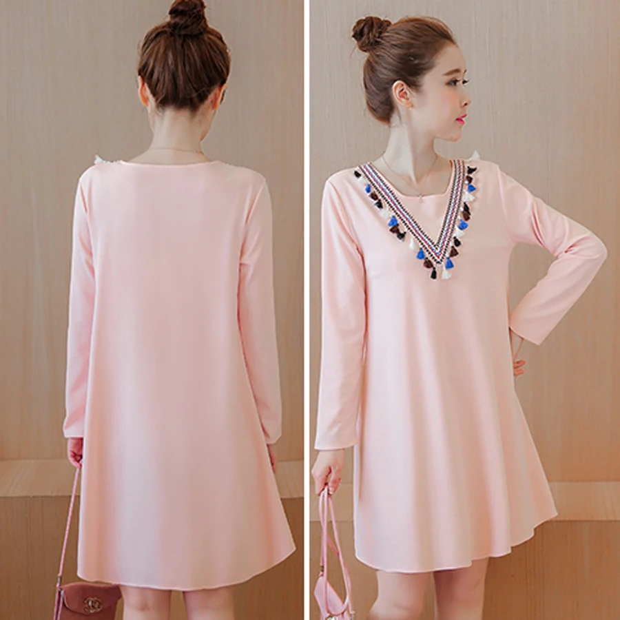 Korean Autumn Pure Colors Pregnant Clothing Elegant Comfortable Long Sleeve Dress Clothes Maternity Evening Dresses Pink HMA185 | Мать и