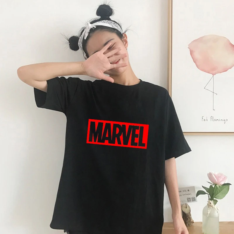 LUSLOS MARVEL футболка Супергерои Модная белая черная футболка женская летняя повседневная футболка с коротким рукавом и круглым вырезом модные футболки с надписью