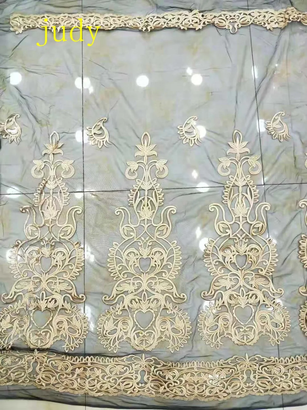 

stock 5yards Black mesh apricot gold embroidery fabric used for wedding dress stage fashion Free shipping YF120