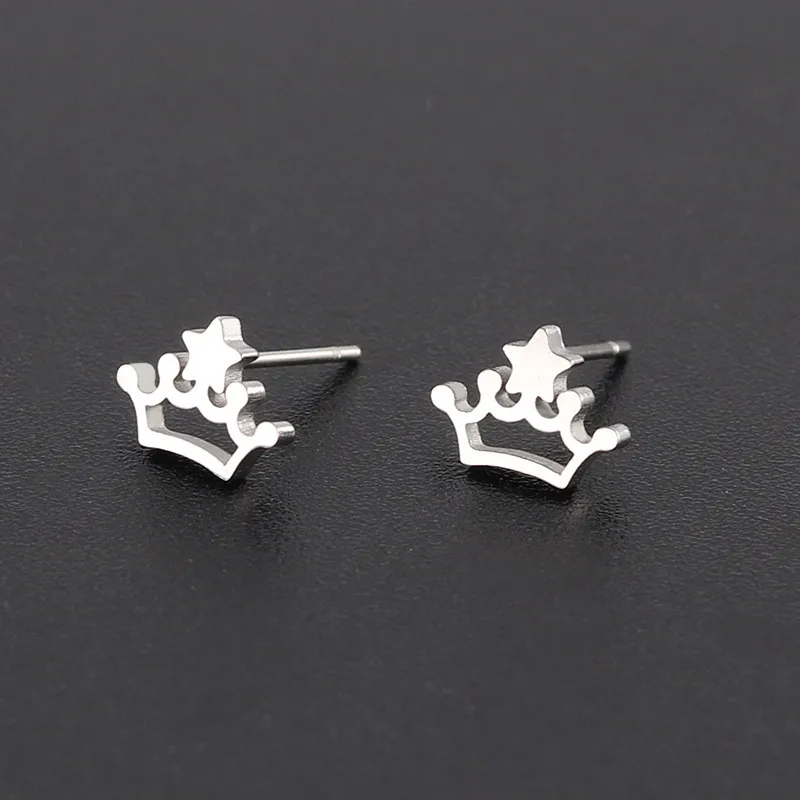 Silver Серьги-гвоздики в форме звезды в форме короны из нержавеющей стали для женщин и мужчин, простота хип-хоп, золото, серебро, подарочные украшения для ушей - Окраска металла: Silver