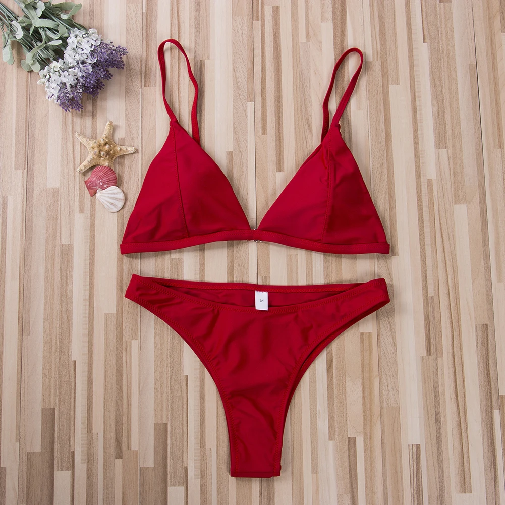 

Hirigin 2019 New Thong Bikini Set Women Swimwear Pure Color Push Up Padded Swimsuit Biquini Sexy Bathing Suit Summer Beachwear