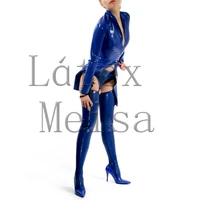 bling womens sexy slim latex coat with low cut design and 100 handmade in solid blue color