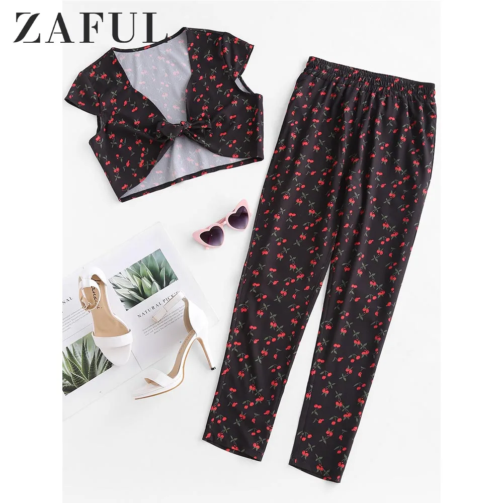ZAFUL 2019 Укороченный топ Cherry Top и Брюки из двух частей Весна Горячей Печати С