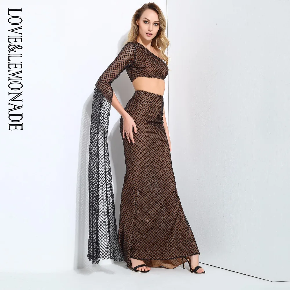 LOVE & LEMONADE черный/телесный наплечный роговой рукав Высокая талия комплект из двух