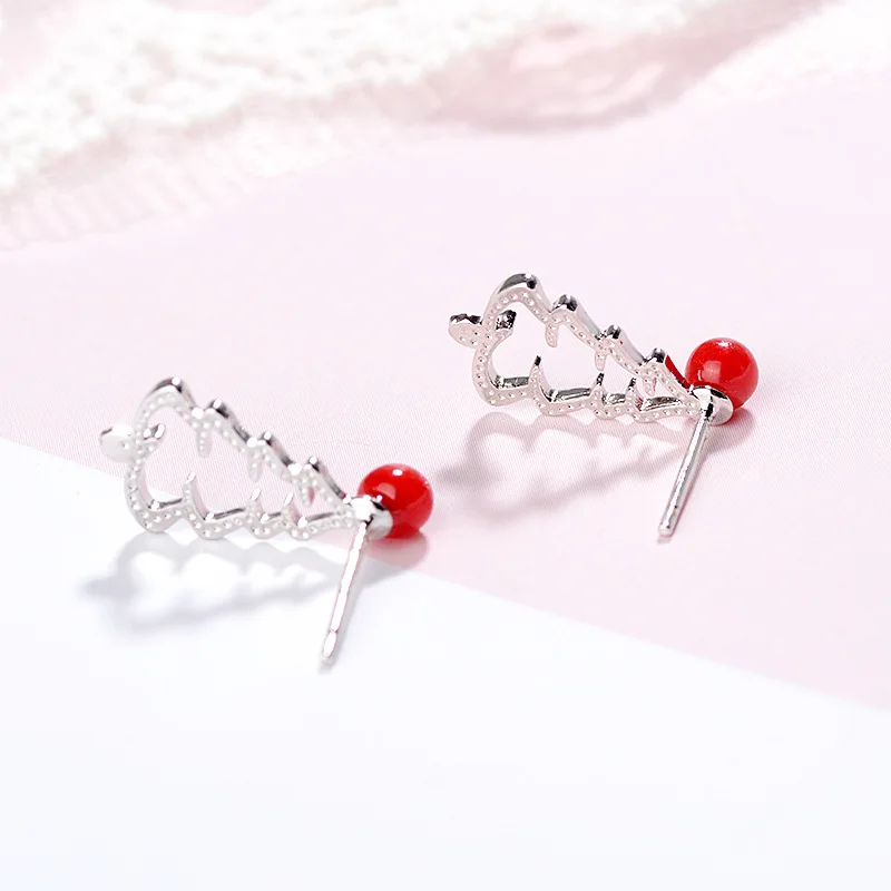 FENGLI полая елка серебристого цвета с красным бисером корейские сережки-шпильки