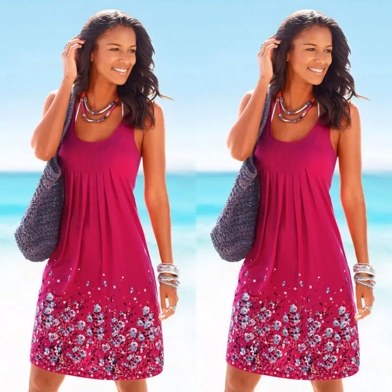 Gogoboi Style Chiffon Dress Summer Casual Loose O-Neck Sleeveless Print Beach Dresses Plus Size Women Clothing | Женская одежда