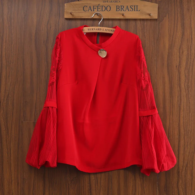 3 Solid Colors Vintage Lantern Sleeve Shirts Womens Fashion Hollow Out Lace Tops Female O-Neck Chiffon | Женская одежда