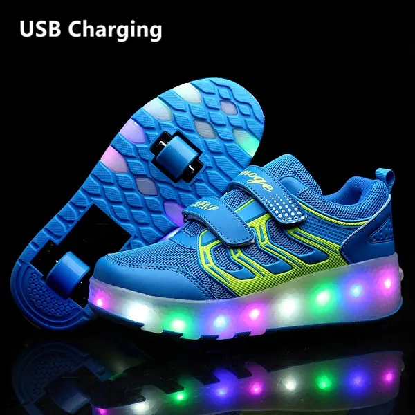 T3 Blue Eur28-43 кроссовки с двумя колесами и зарядкой от usb, светящийся светодиодный светильник, обувь для роликовых коньков, обувь для мальчиков и девочек - Цвет: T3 Blue