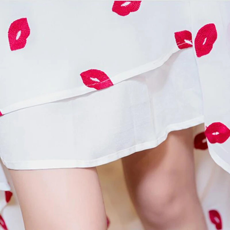 

Nice Spring Summer Dress Cute Red Lips Embroidery Stand Collar Lined Dresses Women Chiffon Loose Dress LU58