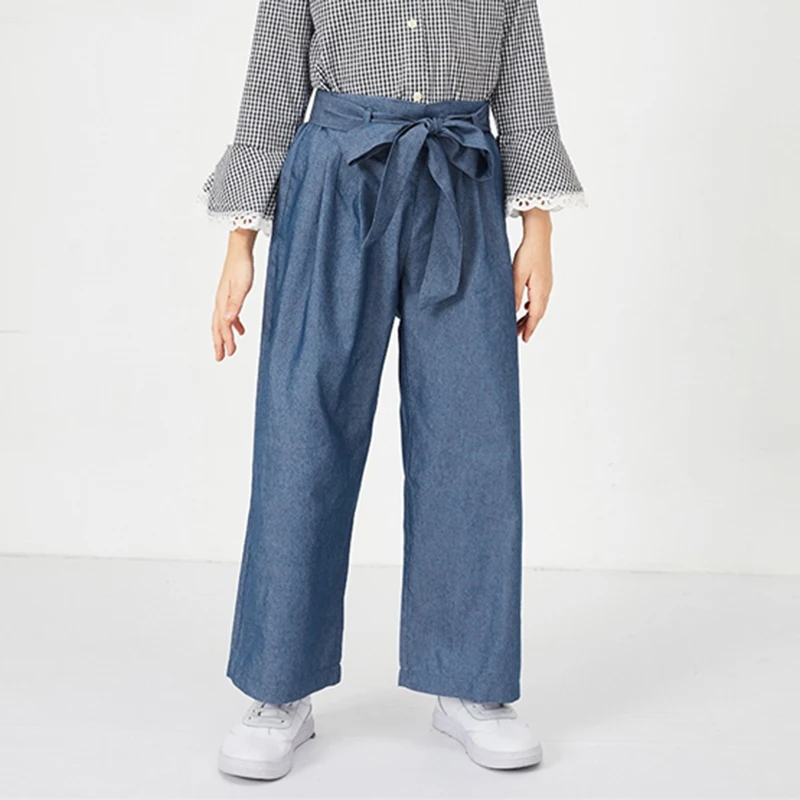 SHEIN Kiddie Blue/Элегантные штаны с эластичной резинкой на талии и поясом для девочек; коллекция года; сезон весна; Модные Винтажные брюки; брюки для девочек; детская одежда