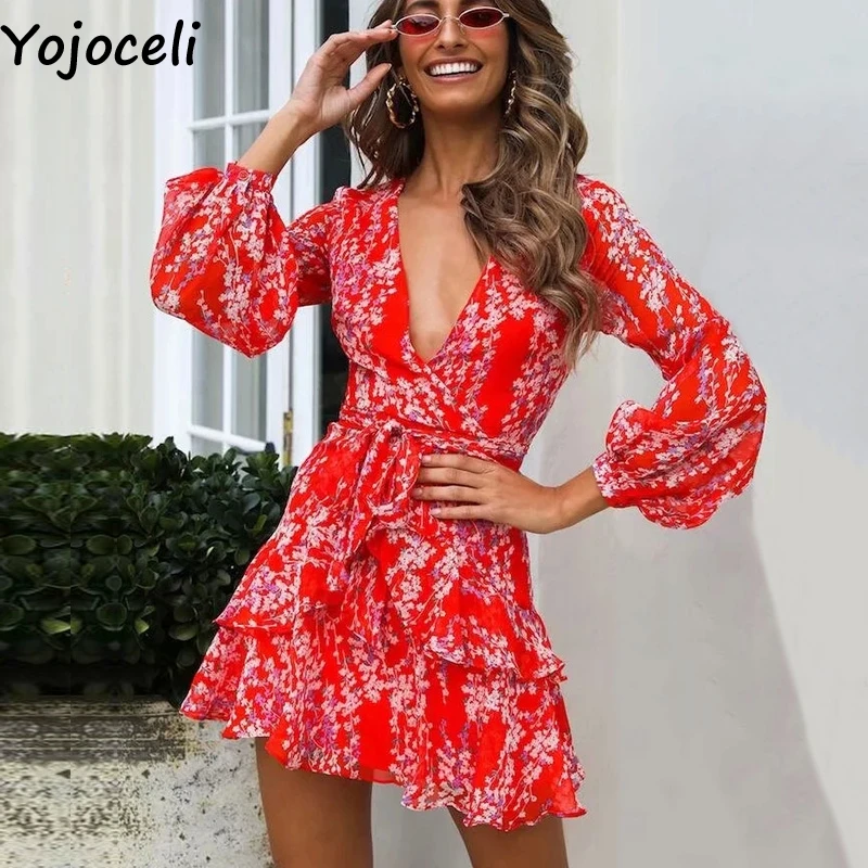 Yojoceli сексуальное короткое шифоновое платье с принтом и рюшами женское осеннее