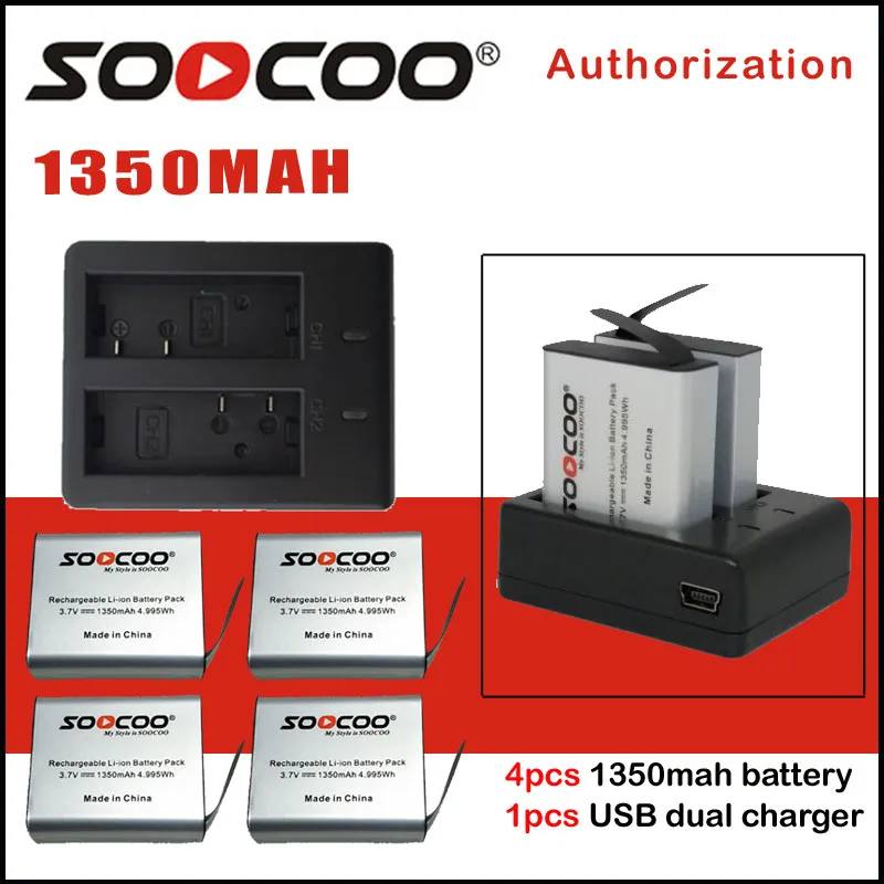 SOOCOO Батарея 1350 мА/ч, и Батарея Зарядное устройство совместимо для SJ4000 SJ5000 M10 eken H9 H9R H8 H8R C30 C30R камер серии