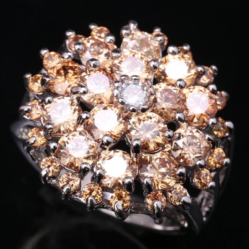 

Glittering Orange Champagne Morganite Zircon Gems Silver Plated Argent Jewelry Ring Size 6 / 7 / 8 / 9 S1467