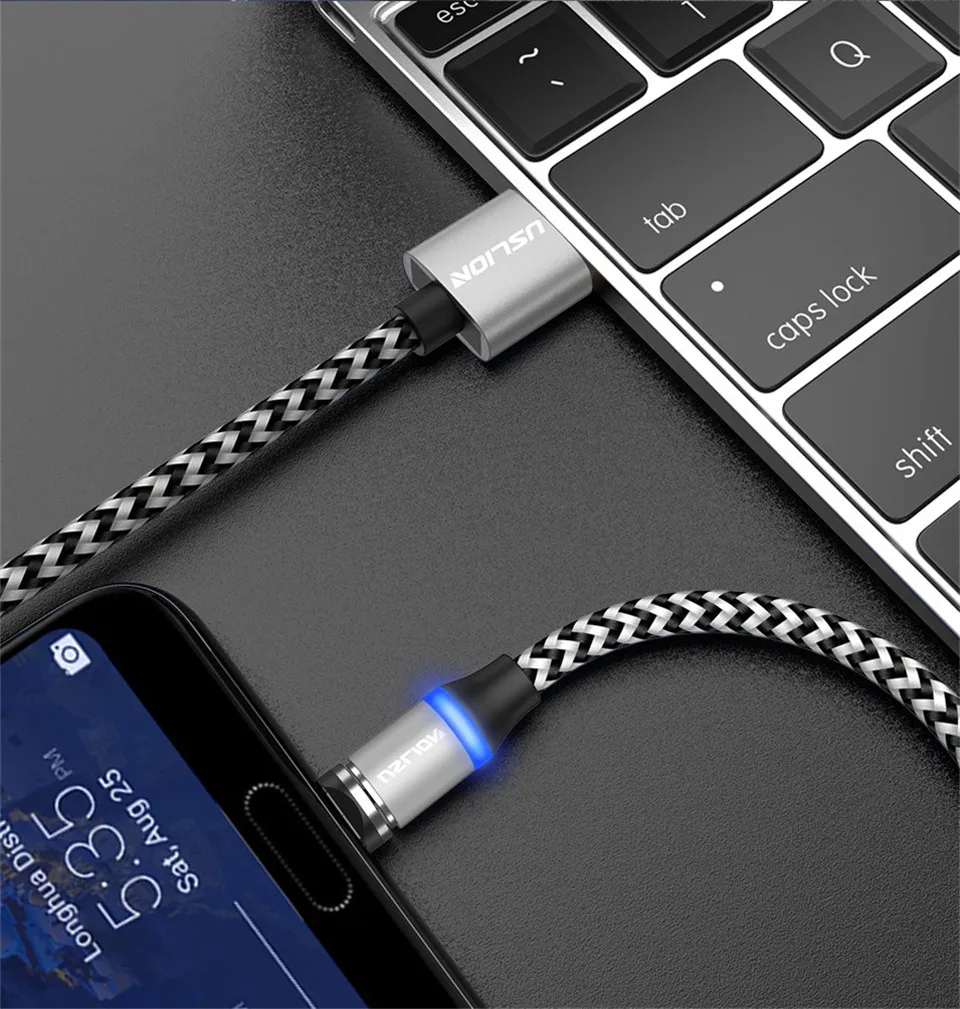 USLION Магнитный зарядный кабель Micro usb type C кабель для iPhone XR XS MAX Магнитный светодиодный кабель для зарядки USB C для samsung Xiaomi
