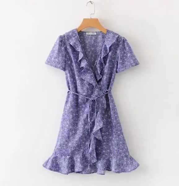 purple Ретро цветочный принт тонкий галстук-бабочка Мини Короткое платье с запахом и оборками v-образный вырез короткий рукав на шнуровке шифон А-силуэт платья для женщин Vestido - Цвет: purple
