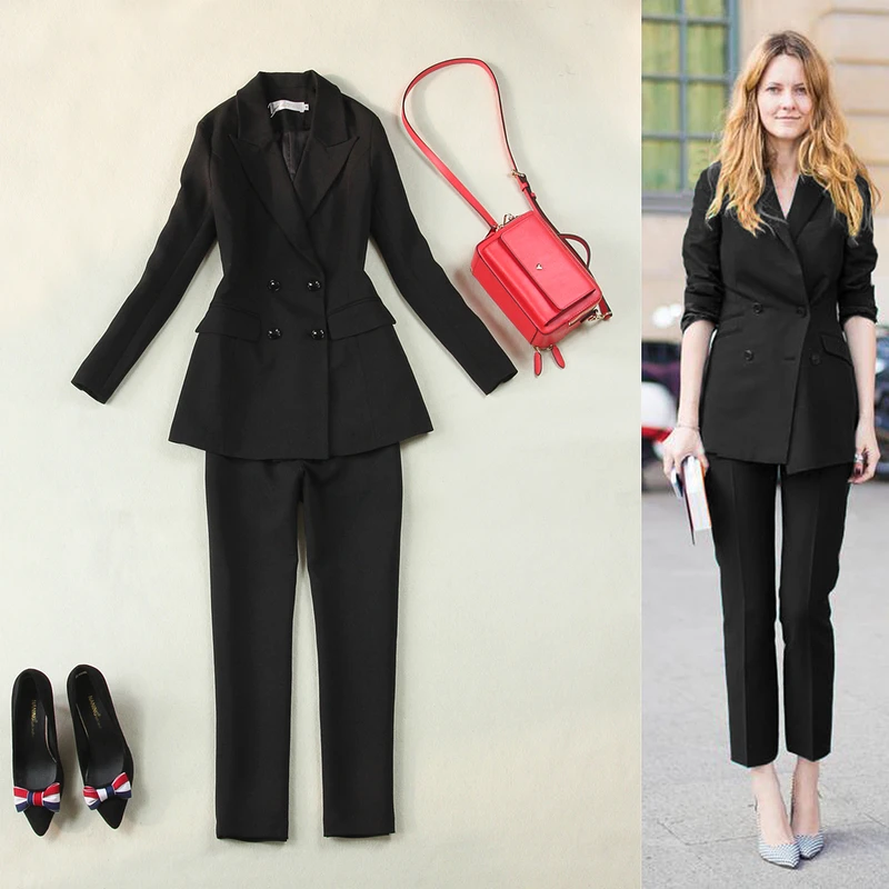 

New Female High quality Blazers Suit Solid Simple Women Pants Suits 2 Two Piece Sets Long Slim Jacket & Pants uniform blazer set