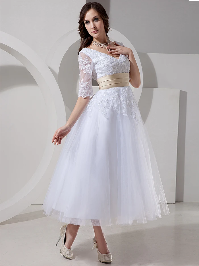 Женское свадебное платье с поясом винтажное Тюлевое длиной ниже колена коротким