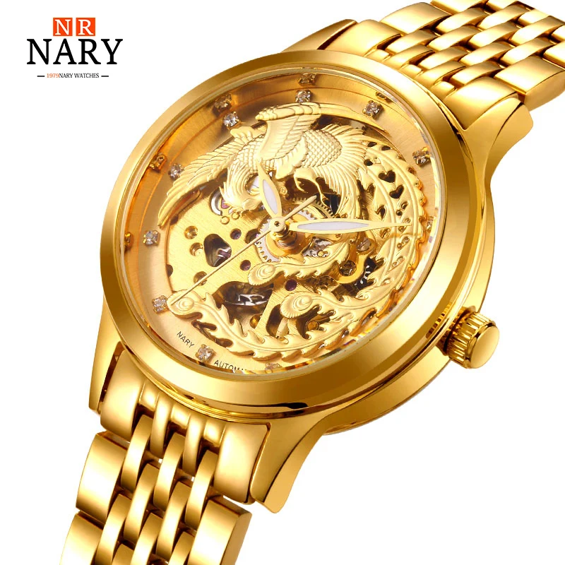 

Топ Роскошный бренд Nary Watch, часы с Фениксом в китайском стиле, женские часы, роскошные золотые автоматические механические часы из нержавеющ...