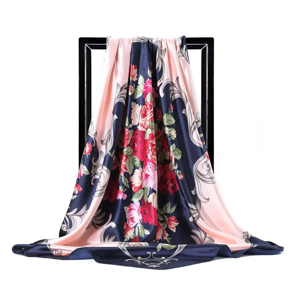 

Luxury Brand Women Silk Scarvf Female Floara Print Satin Foulard Bandana Office Neckerchief Ladies Summer Fashion Square Scarf