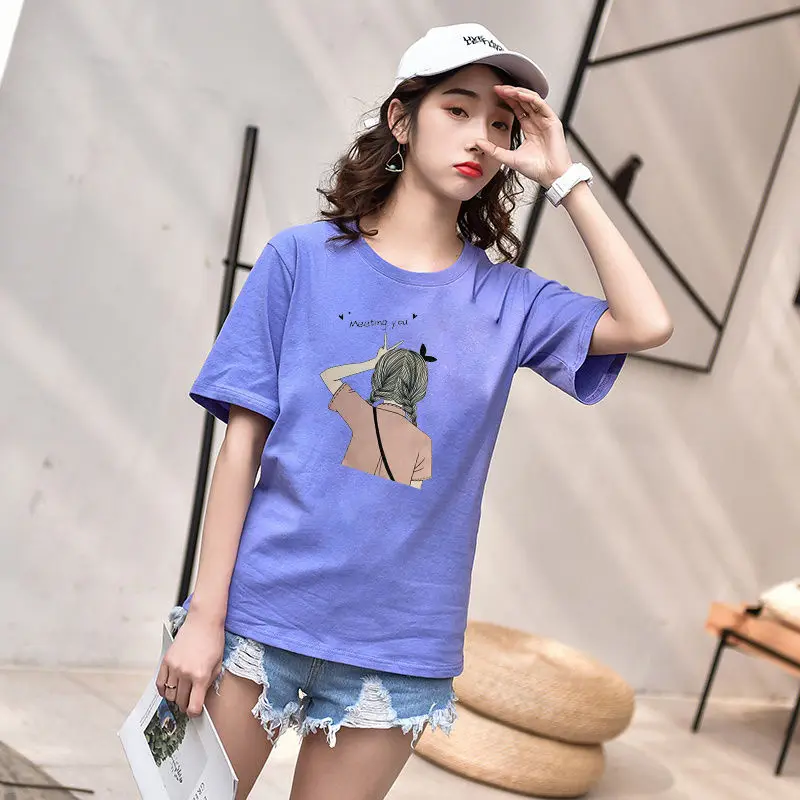 Корея Новый 2019 сезон: весна–лето футболка принт синий Колледж короткий рукав