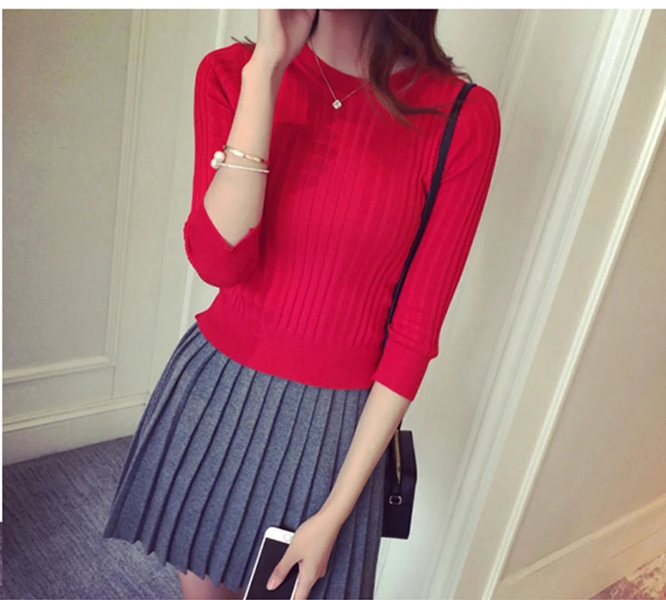 В Новинка 2017 г. Половина рукава Хлопок Crewneck свитер женский рукав головы рубашка с