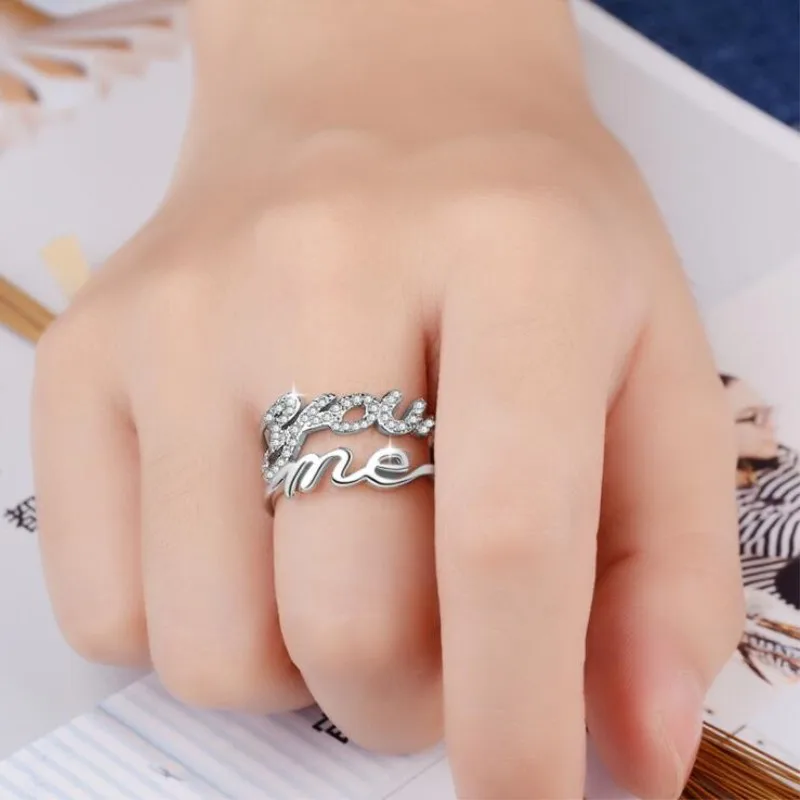 

New Creative English Letter "You And Me" Love Sweet 925 Sterling Silver Jewelry Double Crystal Fashion Opening Rings SR331