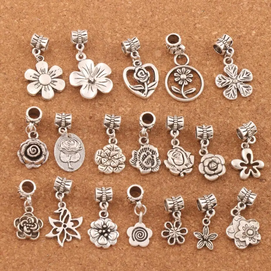 

Flowers Dangle Alloy Big Hole Beads 19PCS zinc alloy Fit European Charm Bracelet Jewelry DIY BM55