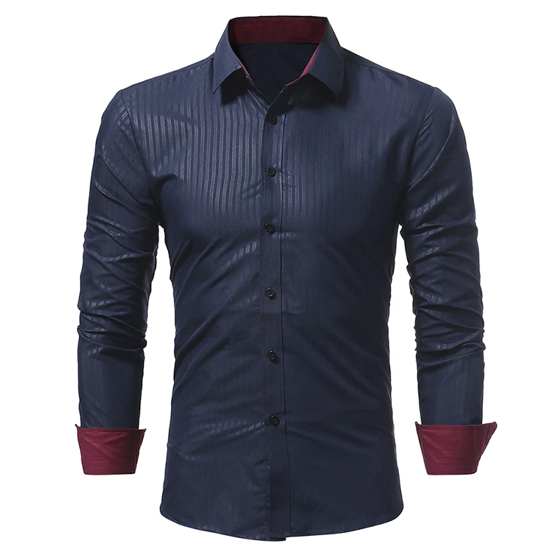 2018 Мужская рубашка в полоску с тиснением длинным рукавом приталенная Camisa Masculina